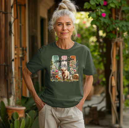 Hemp color “Moo-therly Love” T-shirt featuring a charming highland cow with her calf, surrounded by colorful wildflowers, greenery, and rustic farm elements. The background showcases three vertical distressed panels in green, cream, and orange, with a quaint barn and butterfly detail. This soft, casual tee blends country charm with sweet, pastoral style, perfect for animal lovers and farm-inspired fashion.