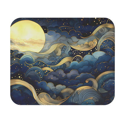 Mouse pad with celestial design featuring a moon and waves on a dark blue background