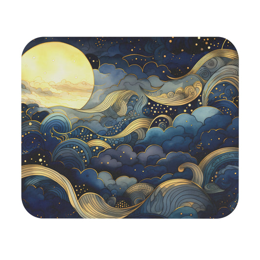 Mouse pad with celestial design featuring a moon and waves on a dark blue background
