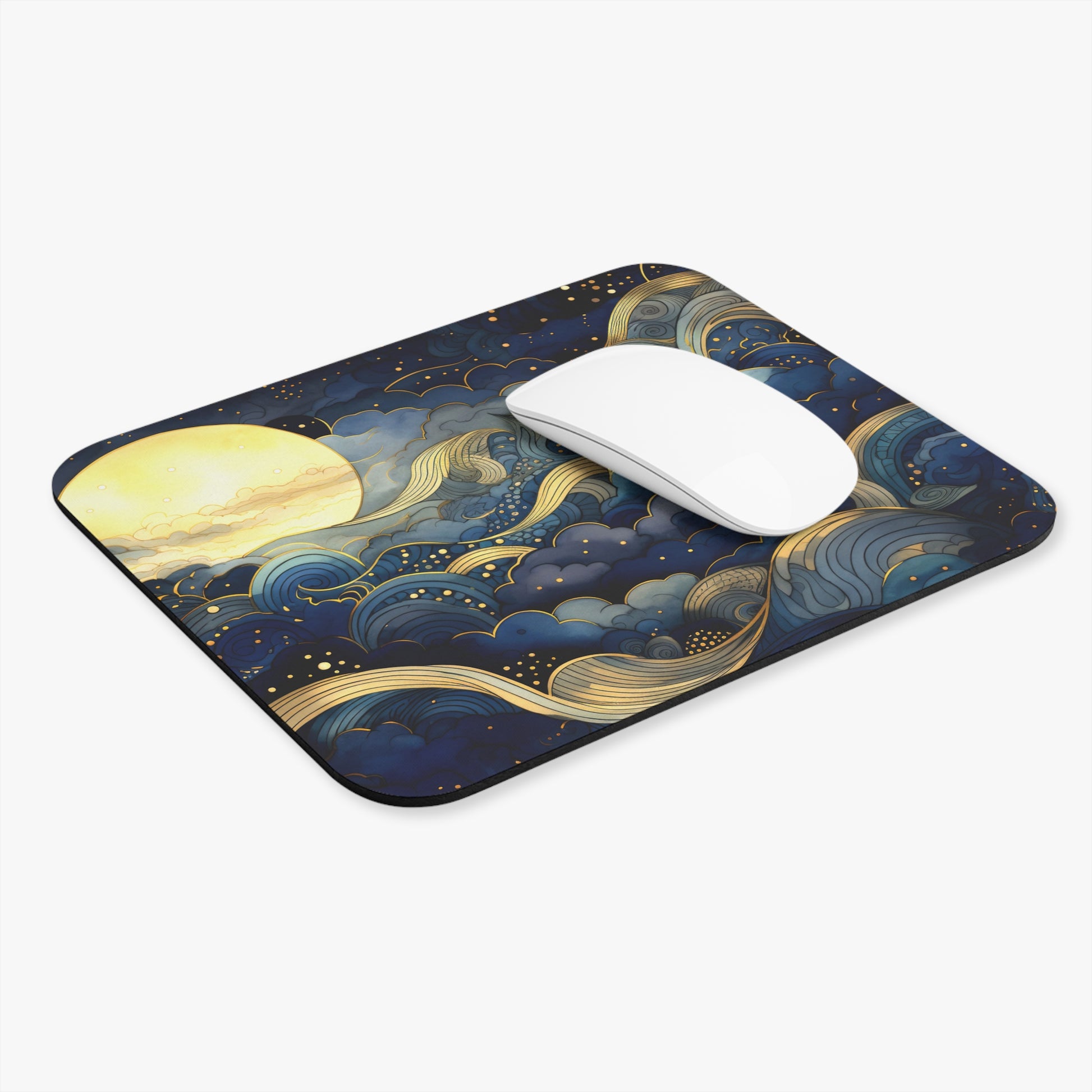 Mouse pad with celestial design featuring a moon and stars on a white background and an Apple mouse