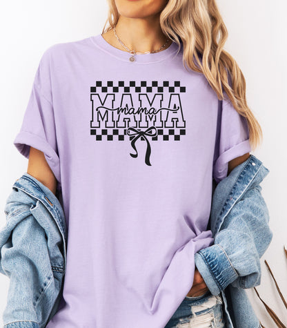 Mama Checkerboard Tee, "Mama" Graphic T-Shirt, Checkered Mama Coquette Bow Mom Shirt