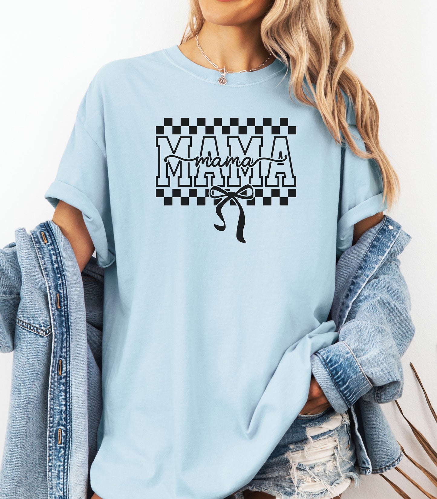 Mama Checkerboard Tee, "Mama" Graphic T-Shirt, Checkered Mama Coquette Bow Mom Shirt