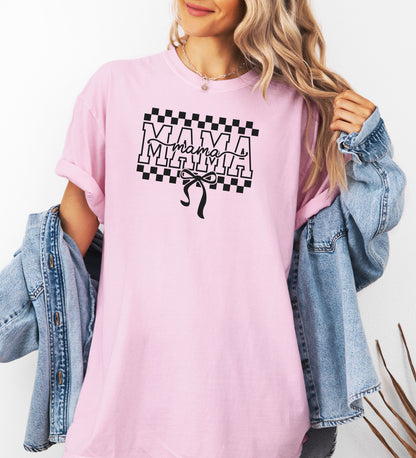 Mama Checkerboard Tee, "Mama" Graphic T-Shirt, Checkered Mama Coquette Bow Mom Shirt