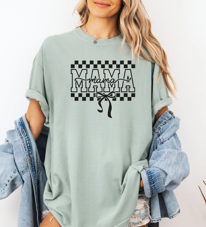Mama Checkerboard Tee, "Mama" Graphic T-Shirt, Checkered Mama Coquette Bow Mom Shirt