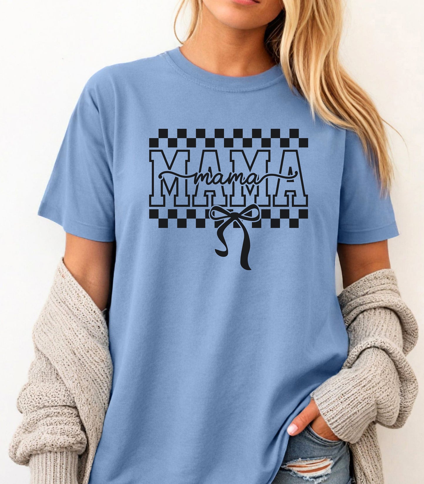 Mama Checkerboard Tee, "Mama" Graphic T-Shirt, Checkered Mama Coquette Bow Mom Shirt