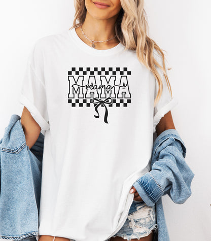 Mama Checkerboard Tee, "Mama" Graphic T-Shirt, Checkered Mama Coquette Bow Mom Shirt