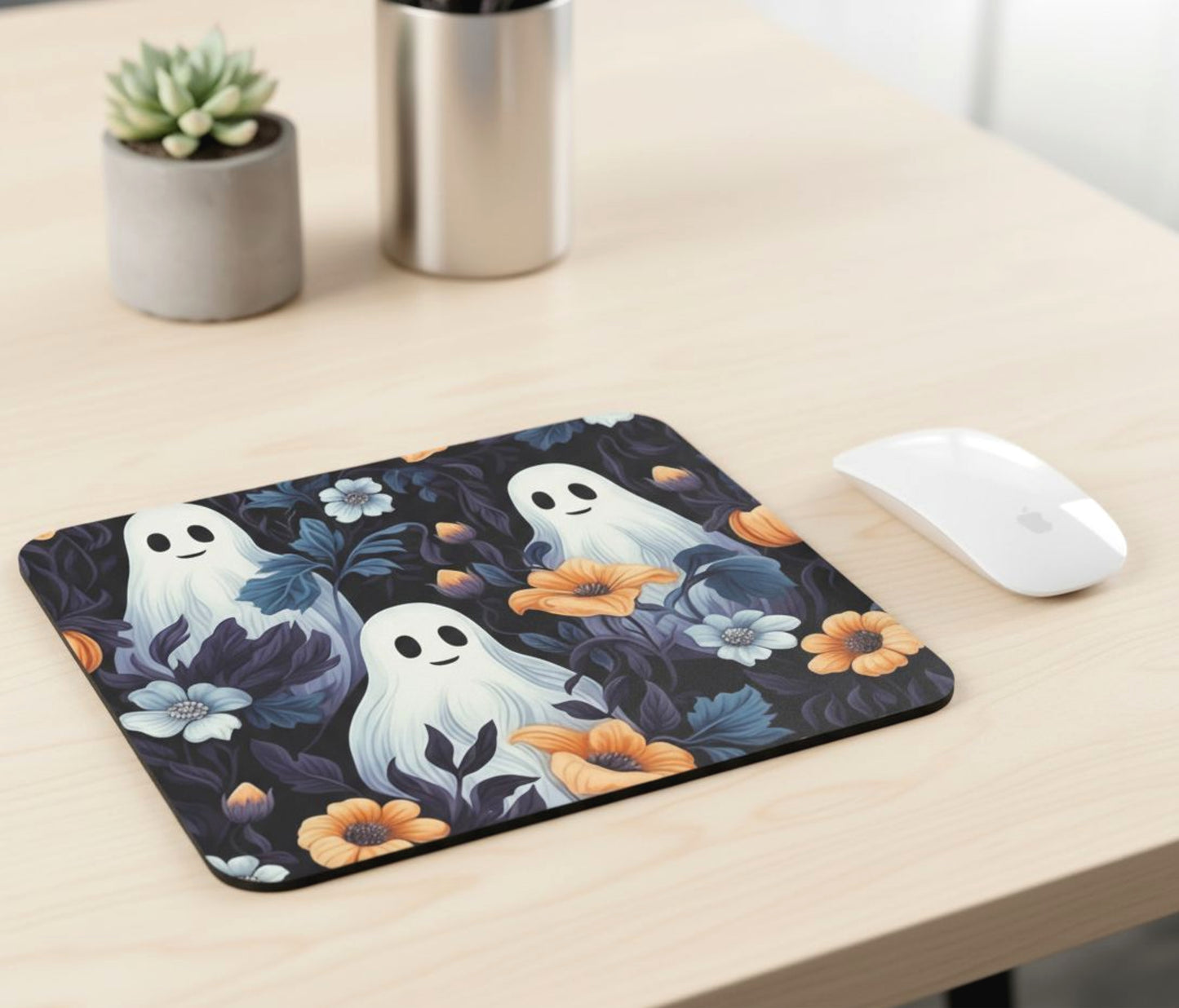 Spooky Cute Ghost & Floral Mouse Pad, Halloween Desk Accessory