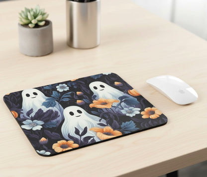 Spooky Cute Ghost & Floral Mouse Pad, Halloween Desk Accessory