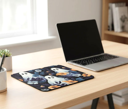 Spooky Cute Ghost & Floral Mouse Pad, Halloween Desk Accessory