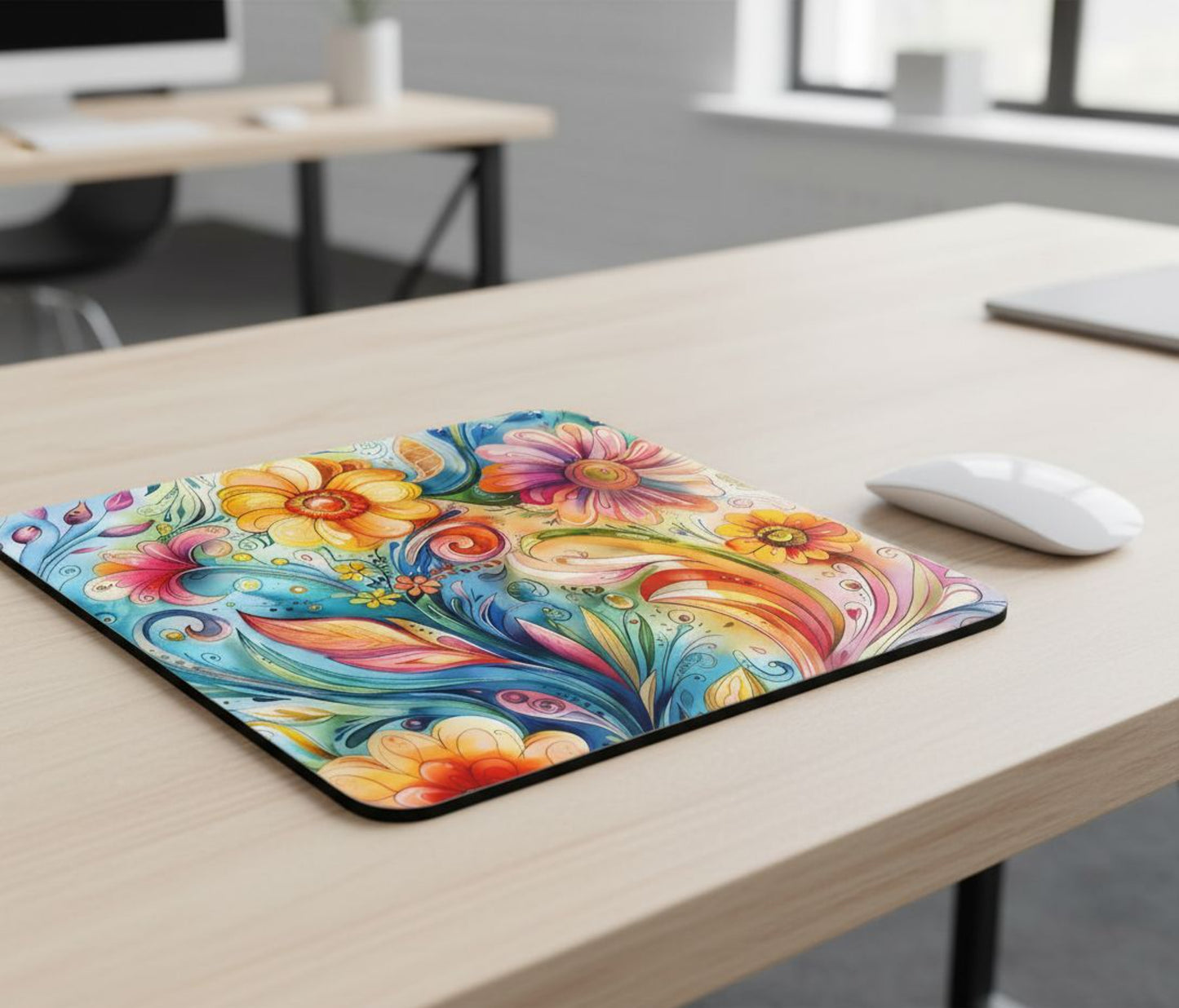 Groovy Whimsical Floral Mouse Pad, Colorful Retro Desk Accessory