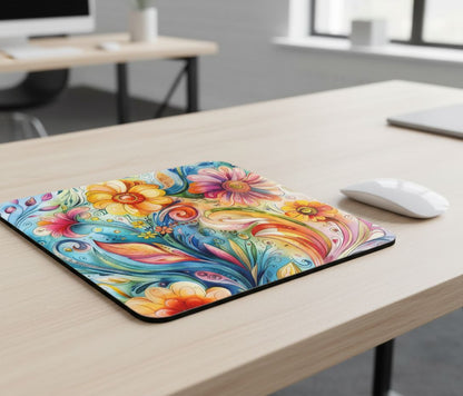 Groovy Whimsical Floral Mouse Pad, Colorful Retro Desk Accessory