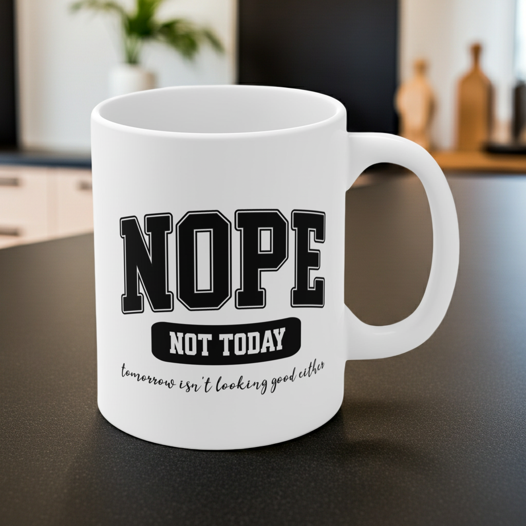 White ceramic mug with bold black collegiate text that reads “NOPE” and “NOT TODAY, tomorrow isn't looking good either” a humorous minimalist design for anyone in a not-today mood.