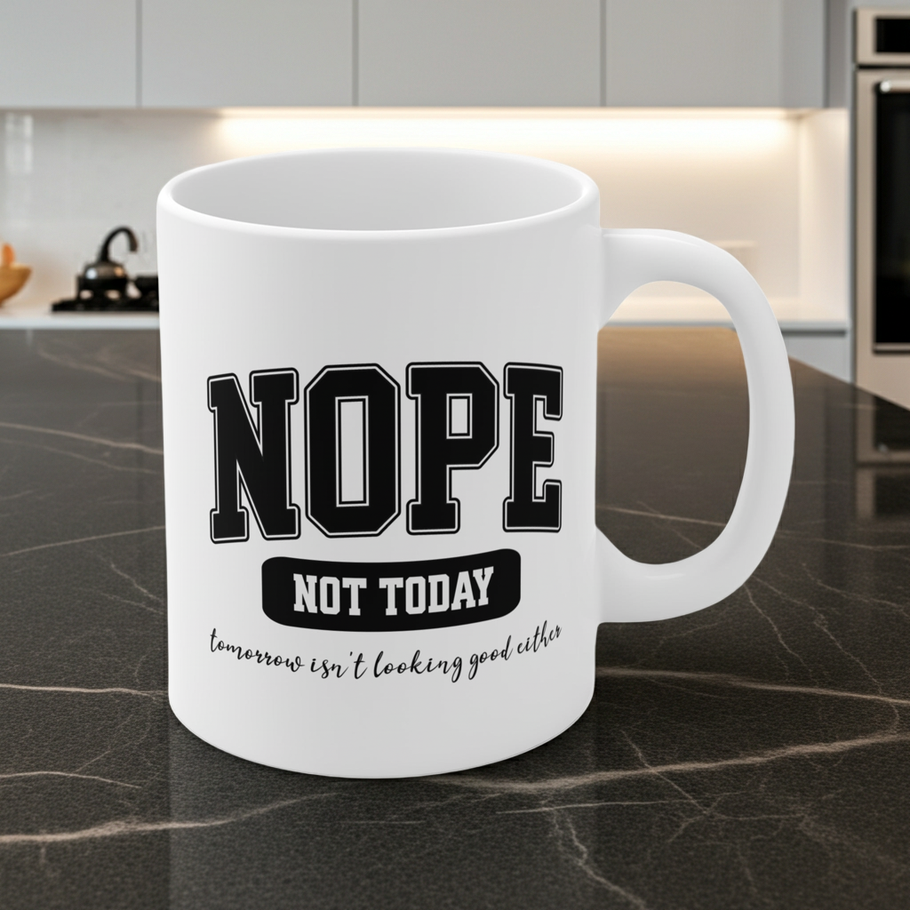 White ceramic mug with bold black collegiate text that reads “NOPE” and “NOT TODAY, tomorrow isn't looking good either” a humorous minimalist design for anyone in a not-today mood.