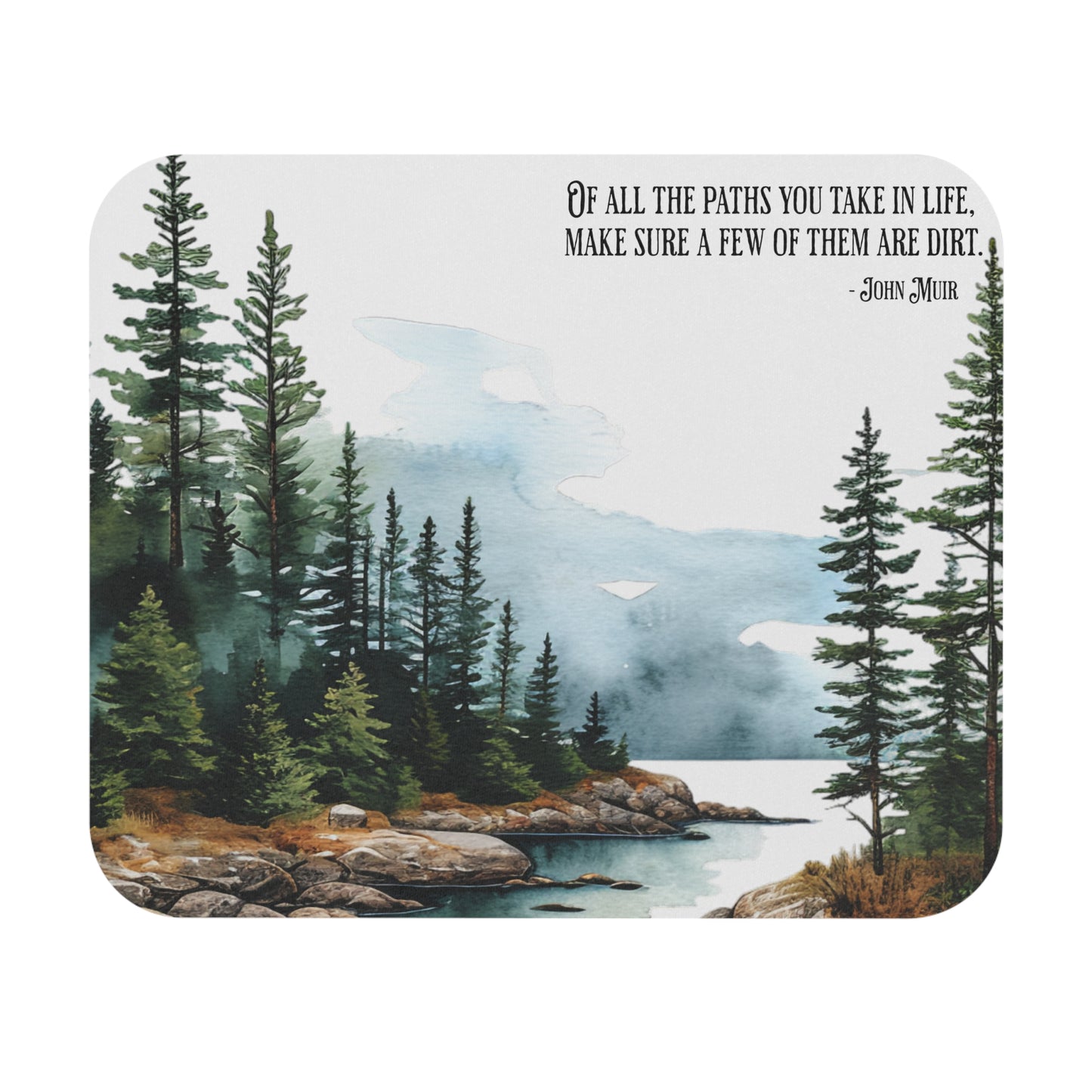 Nature-themed mouse pad with a scenic landscape and John Muir quote.