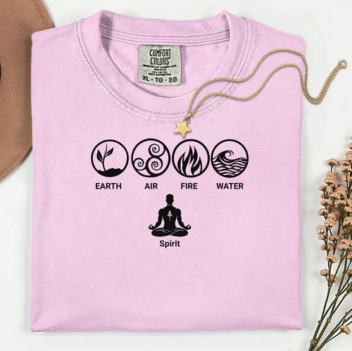 Blossom pink t-shirt featuring a minimalist Nature’s Elements design with black icons representing Earth, Air, Fire, and Water in circular symbols, with a meditating figure below symbolizing Spirit. Perfect for yoga, meditation, mindfulness, balance, and nature lovers. Relaxed fit, casual boho style.