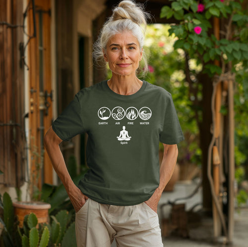 Hemp color t-shirt featuring a minimalist Nature’s Elements design with white icons representing Earth, Air, Fire, and Water in circular symbols, with a meditating figure below symbolizing Spirit. Perfect for yoga, meditation, mindfulness, balance, and nature lovers. Relaxed fit, casual boho style.