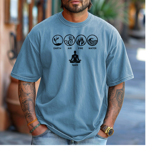 Washed Denim t-shirt featuring a minimalist Nature’s Elements design with black icons representing Earth, Air, Fire, and Water in circular symbols, with a meditating figure below symbolizing Spirit. Perfect for yoga, meditation, mindfulness, balance, and nature lovers. Relaxed fit, casual boho style.