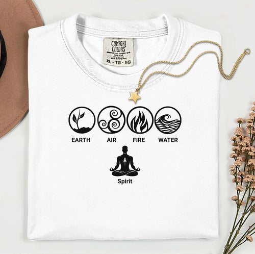 White t-shirt featuring a minimalist Nature’s Elements design with black icons representing Earth, Air, Fire, and Water in circular symbols, with a meditating figure below symbolizing Spirit. Perfect for yoga, meditation, mindfulness, balance, and nature lovers. Relaxed fit, casual boho style.