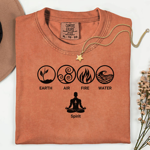 Yam t-shirt featuring a minimalist Nature’s Elements design with black icons representing Earth, Air, Fire, and Water in circular symbols, with a meditating figure below symbolizing Spirit. Perfect for yoga, meditation, mindfulness, balance, and nature lovers. Relaxed fit, casual boho style.