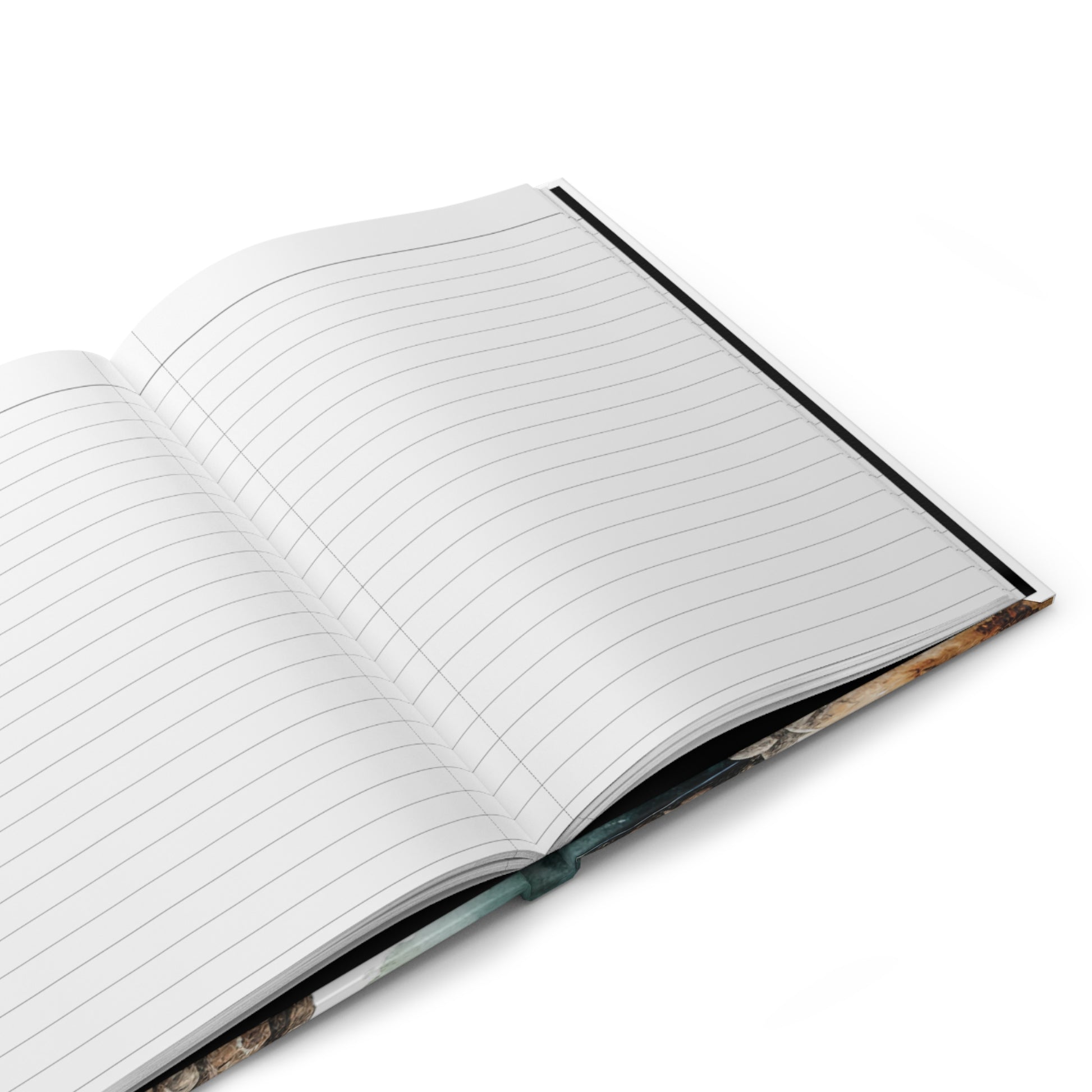 Open hardcover journal with lined pages on a white background