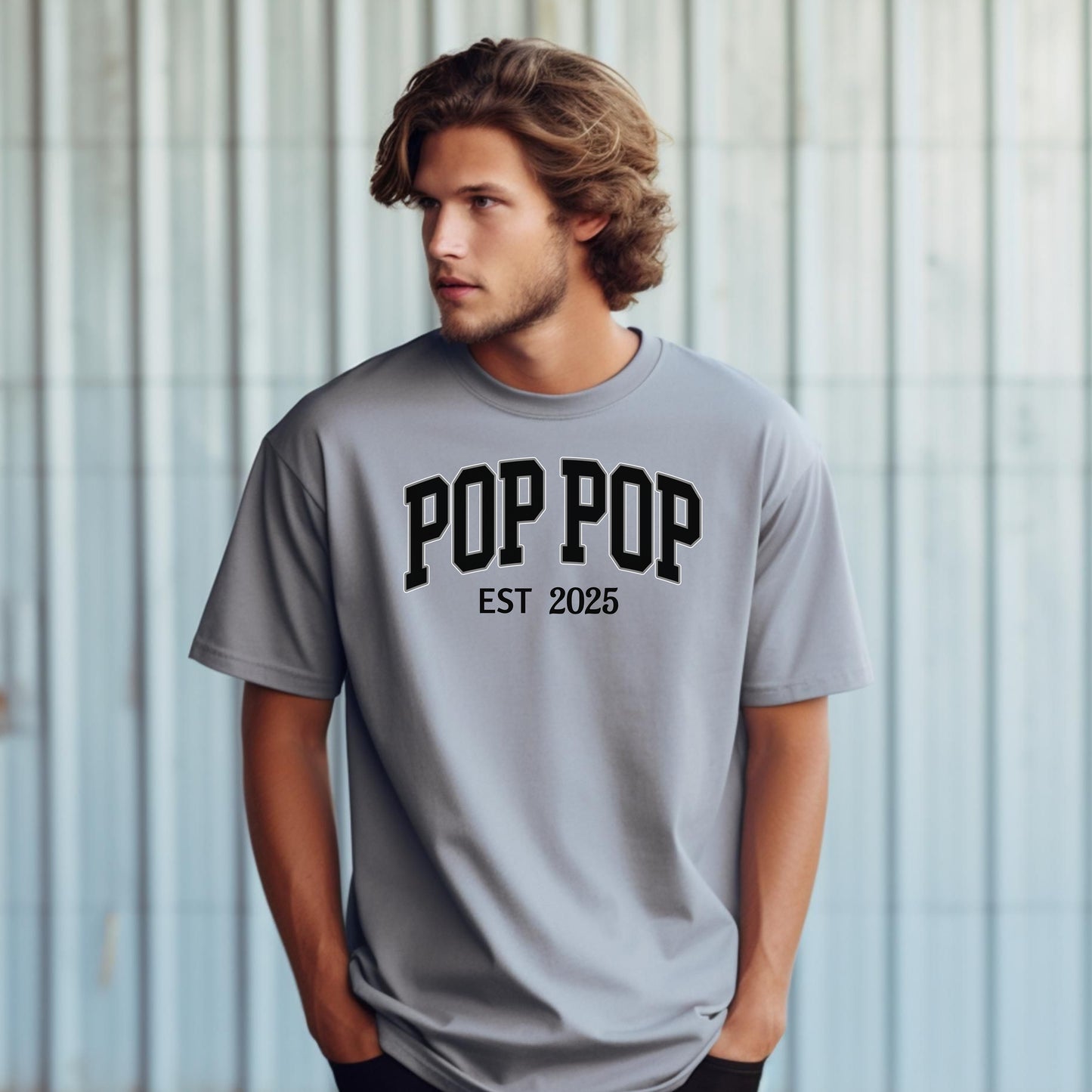 POP POP Est [Year] T-shirt featuring bold varsity-style lettering with a customizable establishment year. Displayed on a soft, granite unisex tee, this casual design is perfect for celebrating a new grandfather or marking a special year. Ideal for Father’s Day, birthdays, or family gatherings, it combines comfort with a proud, personalized statement.