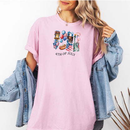 Person wearing a blossom '4th of July' themed t-shirt with graphics, paired with a denim jacket.