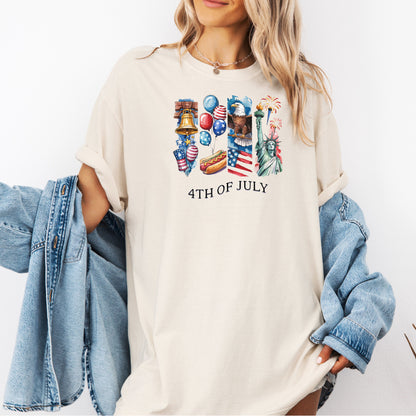 Person wearing a '4th of July' brushstroke themed shirt with graphics and text.