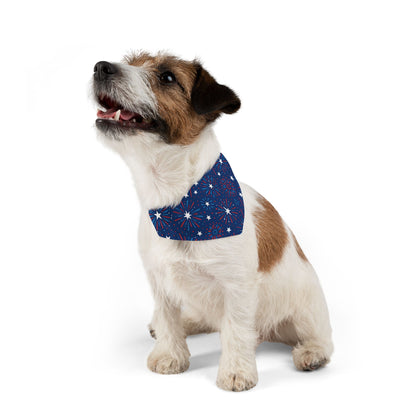 Small dog wearing a blue Patriotic Firework bandana with white patterns on a white background