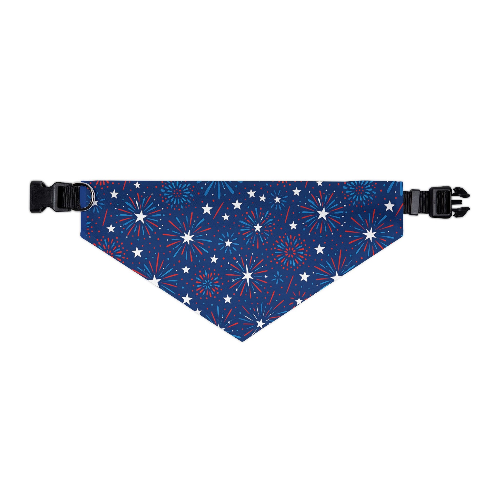 Blue patriotic fireworks bandana  collar with white stars and red fireworks pattern on a white background