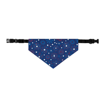 Blue Patriotic Fireworks bandana collar with white star pattern and red accents on a white background