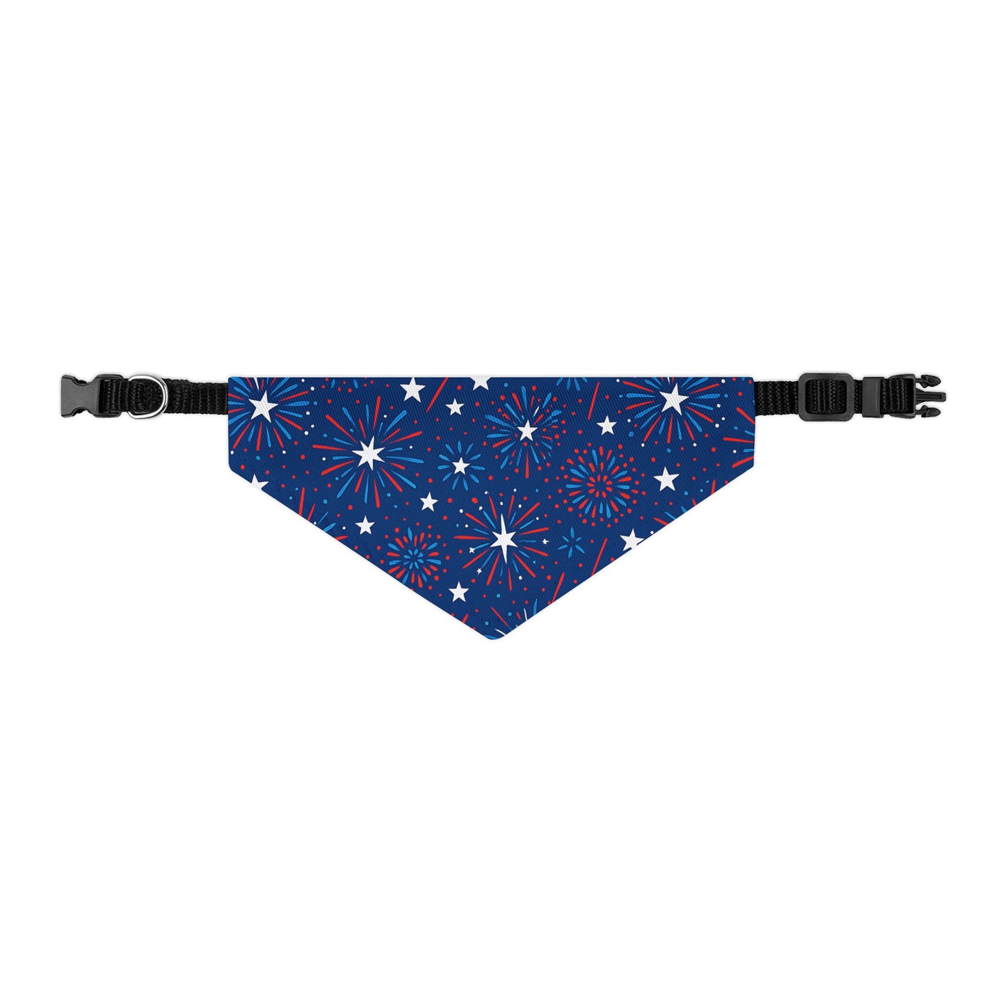 Dog Patriotic Fireworks bandana collar with red, white, and blue star and firework pattern on a white background