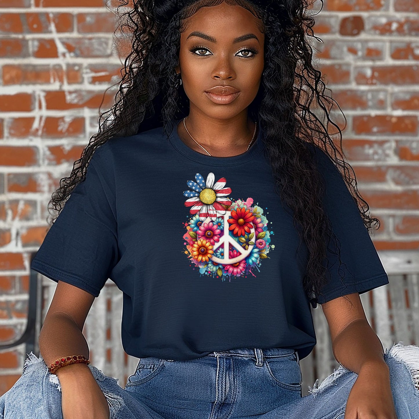 True Navy t-shirt featuring a vibrant retro Peace Love Liberty design with a large white peace sign surrounded by colorful flowers. A daisy with red, white, and blue American flag petals stands out, blending patriotic style with boho hippie vibes. Perfect for 4th of July, festivals, and casual summer wear.