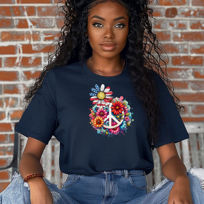True Navy t-shirt featuring a vibrant retro Peace Love Liberty design with a large white peace sign surrounded by colorful flowers. A daisy with red, white, and blue American flag petals stands out, blending patriotic style with boho hippie vibes. Perfect for 4th of July, festivals, and casual summer wear.