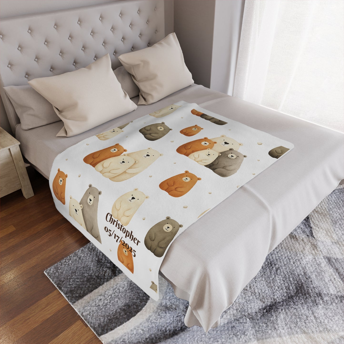 Personalized bear family minky blanket with bear family pattern and personalized text on a bed