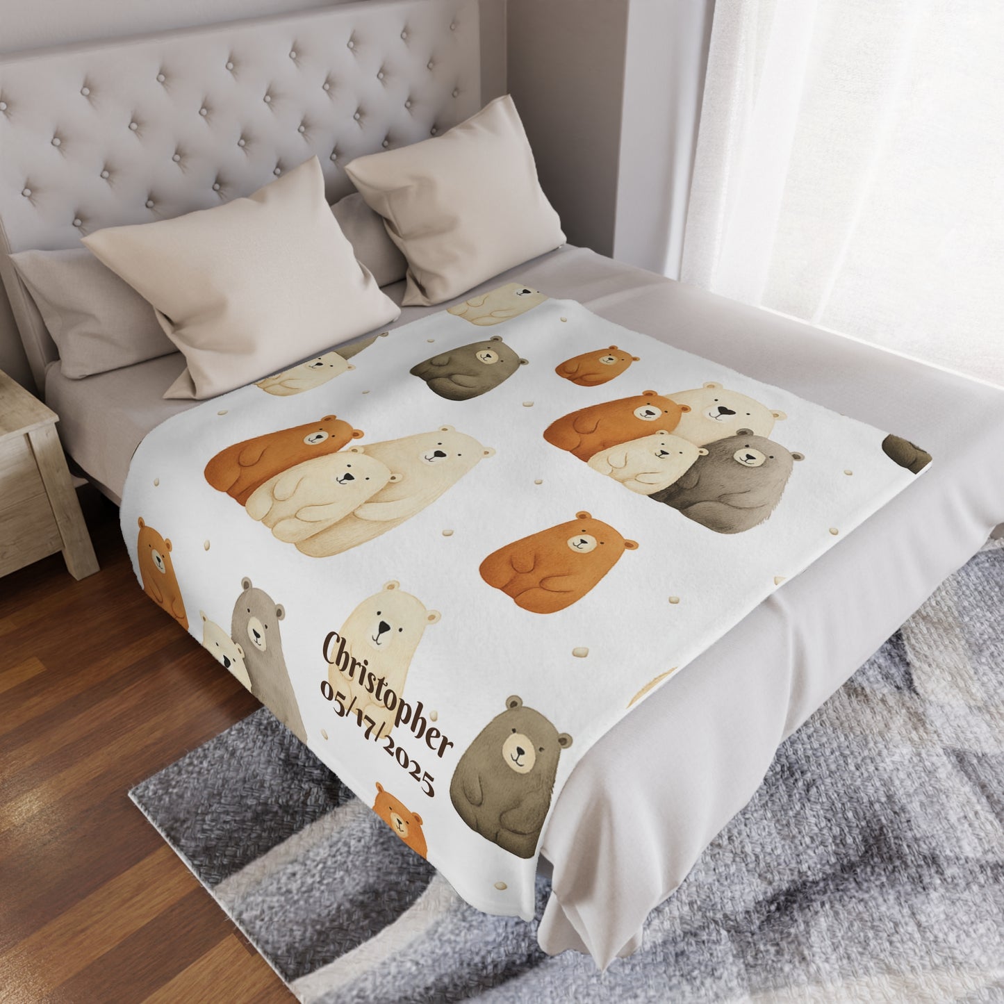 Personalized bear family minky blanket with bear family pattern and personalized text on a bed
