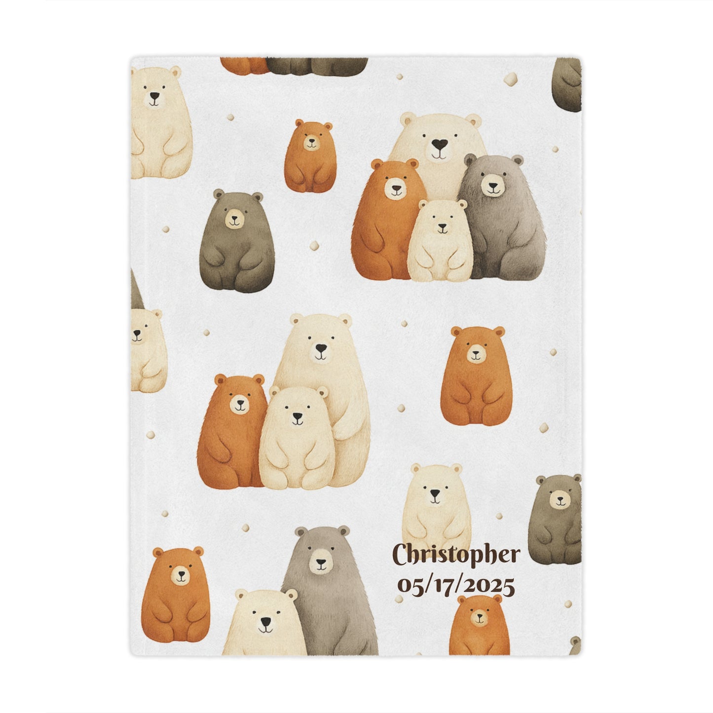 Personalized bear family minky blanket with bear family pattern and personalized text on a bed