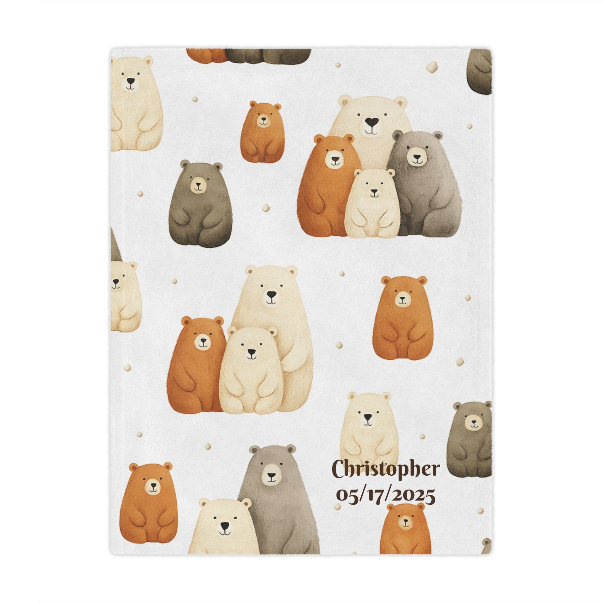 Personalized bear family minky blanket with bear family pattern and personalized text on a bed