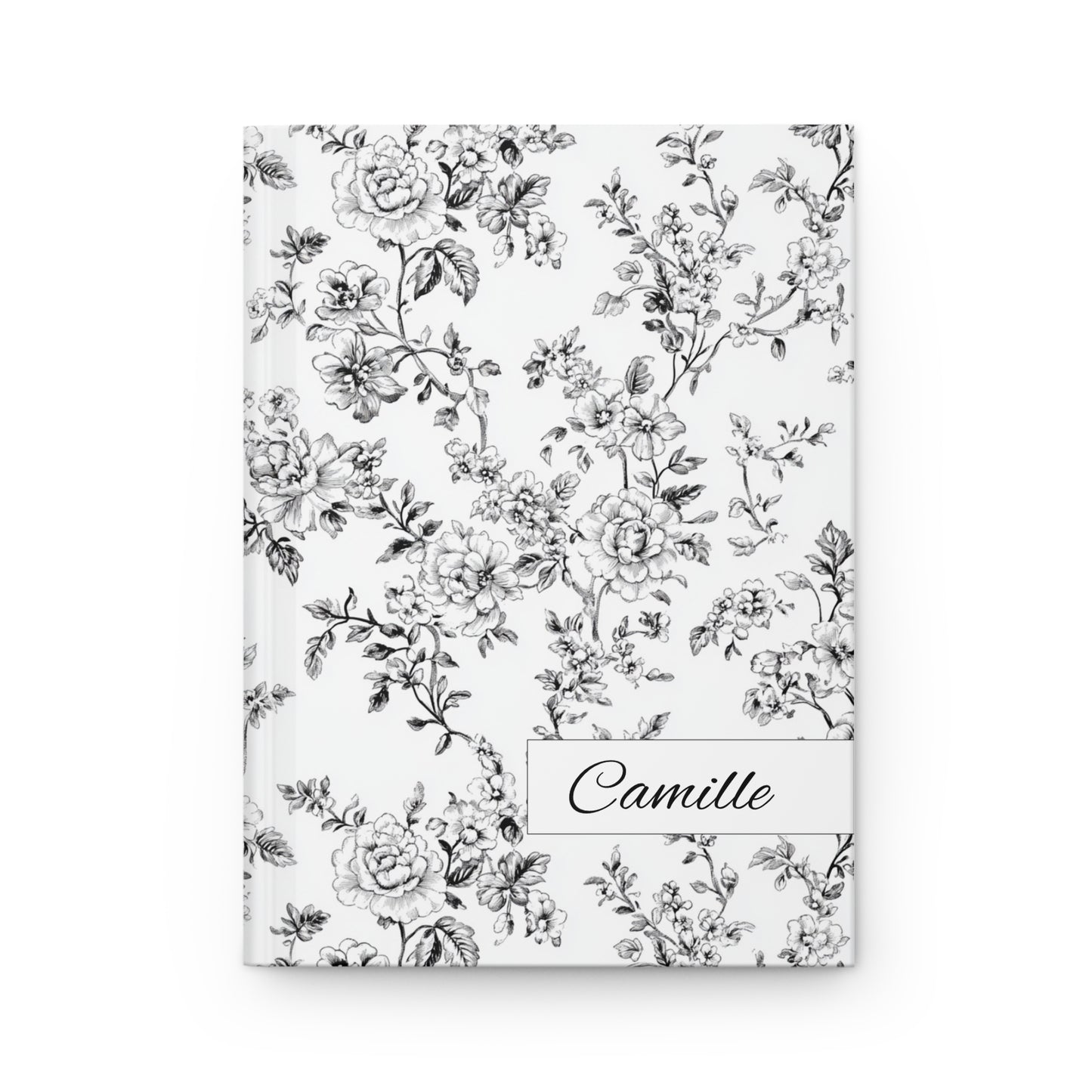 Personalized black toile floral hardcover journal on a white background