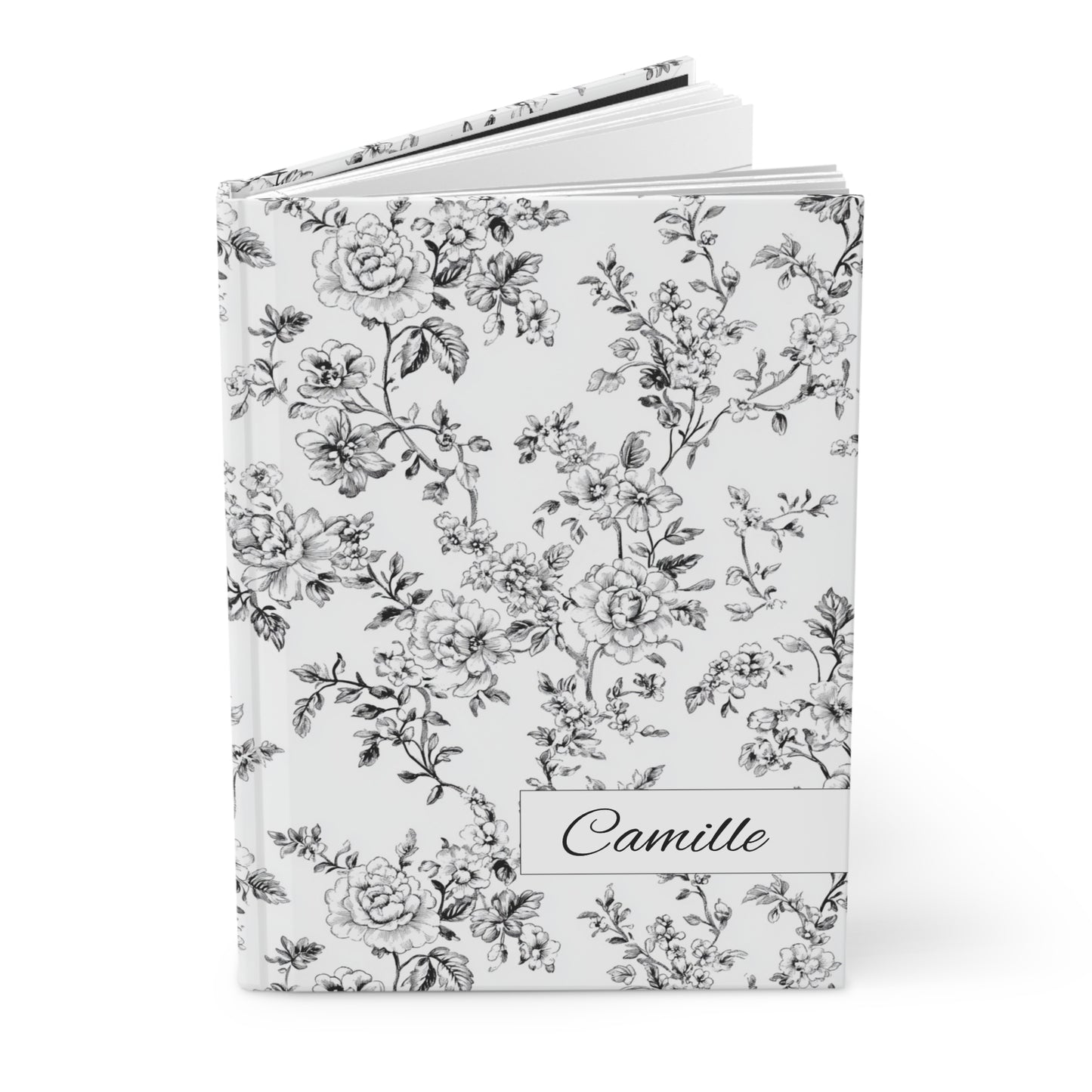 Personalized black toile floral hardcover journal open