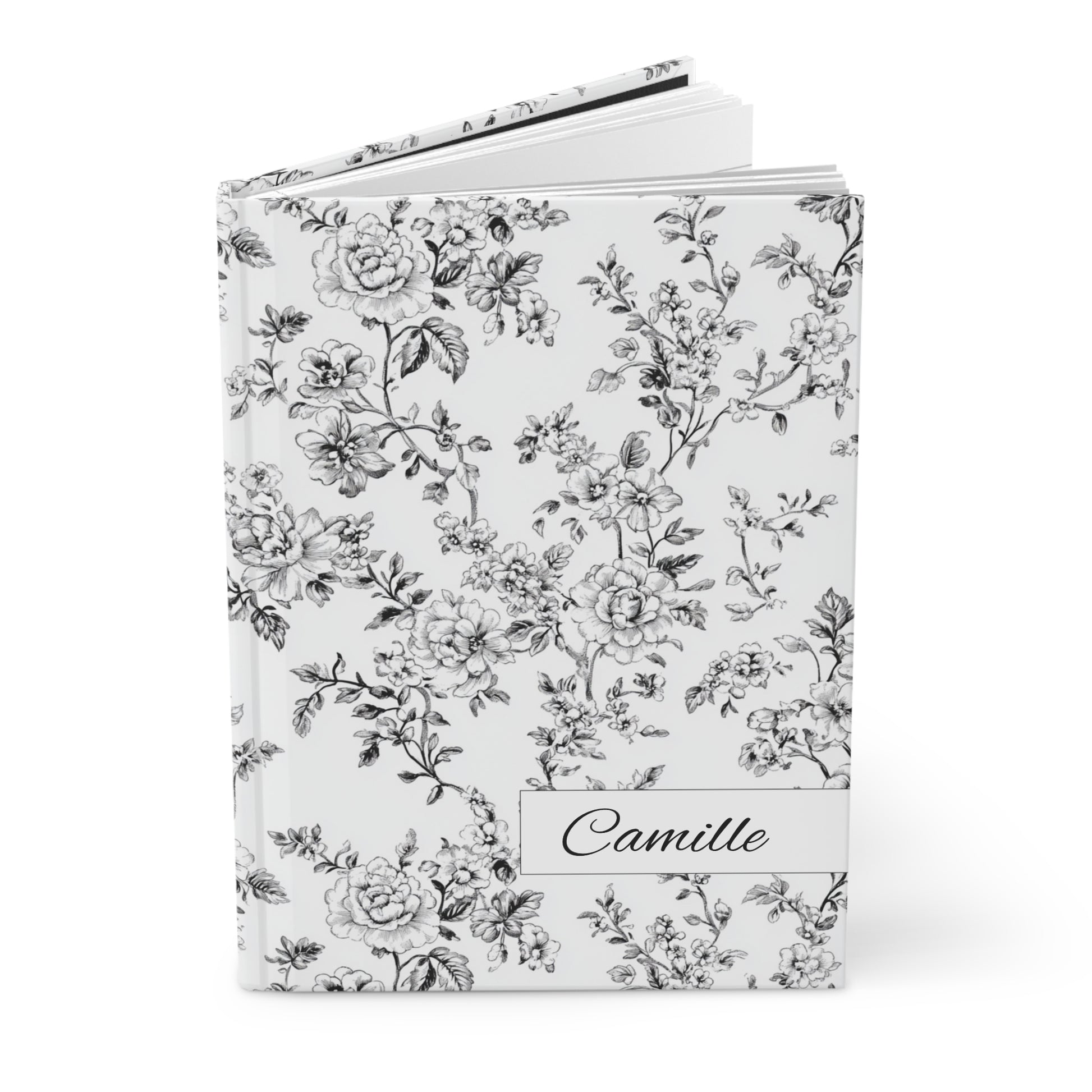Personalized black toile floral hardcover journal open