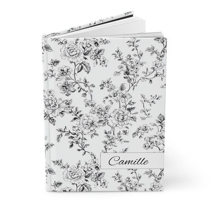 Personalized black toile floral hardcover journal open