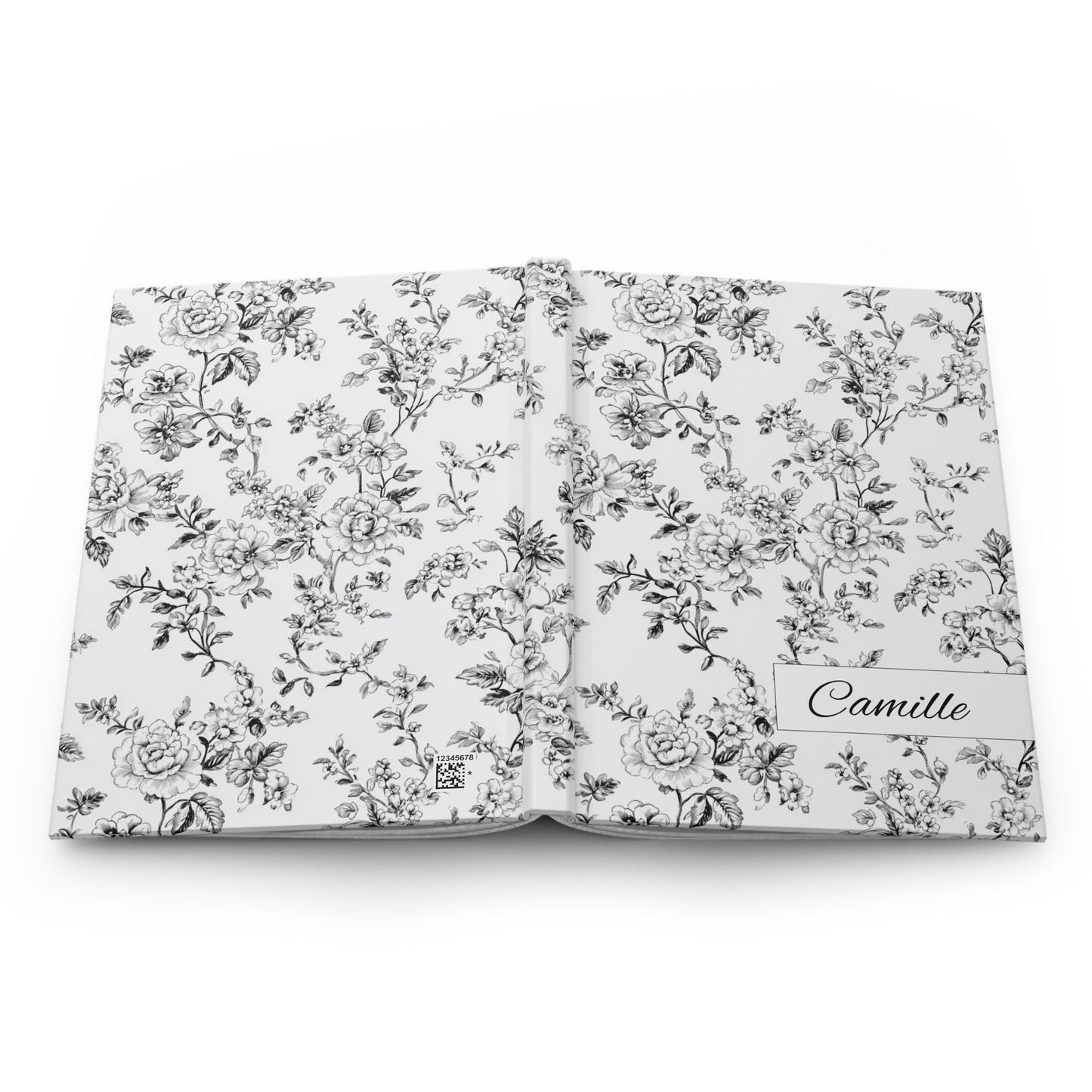 Personalized black toile floral-patterned hardcover journal lying flat showing front and back
