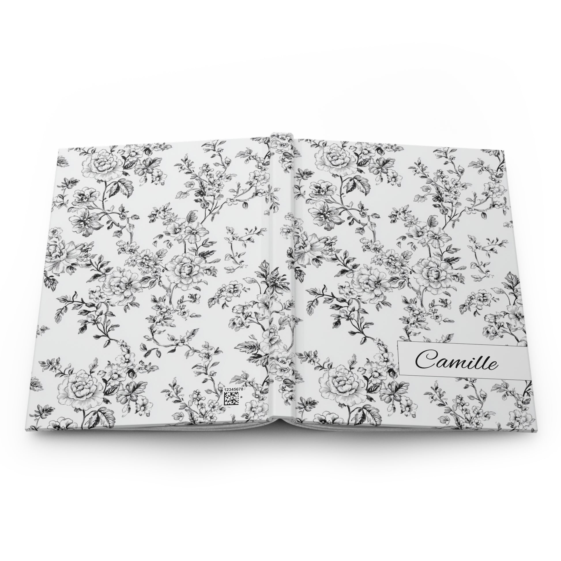 Personalized black toile floral-patterned hardcover journal lying flat showing front and back