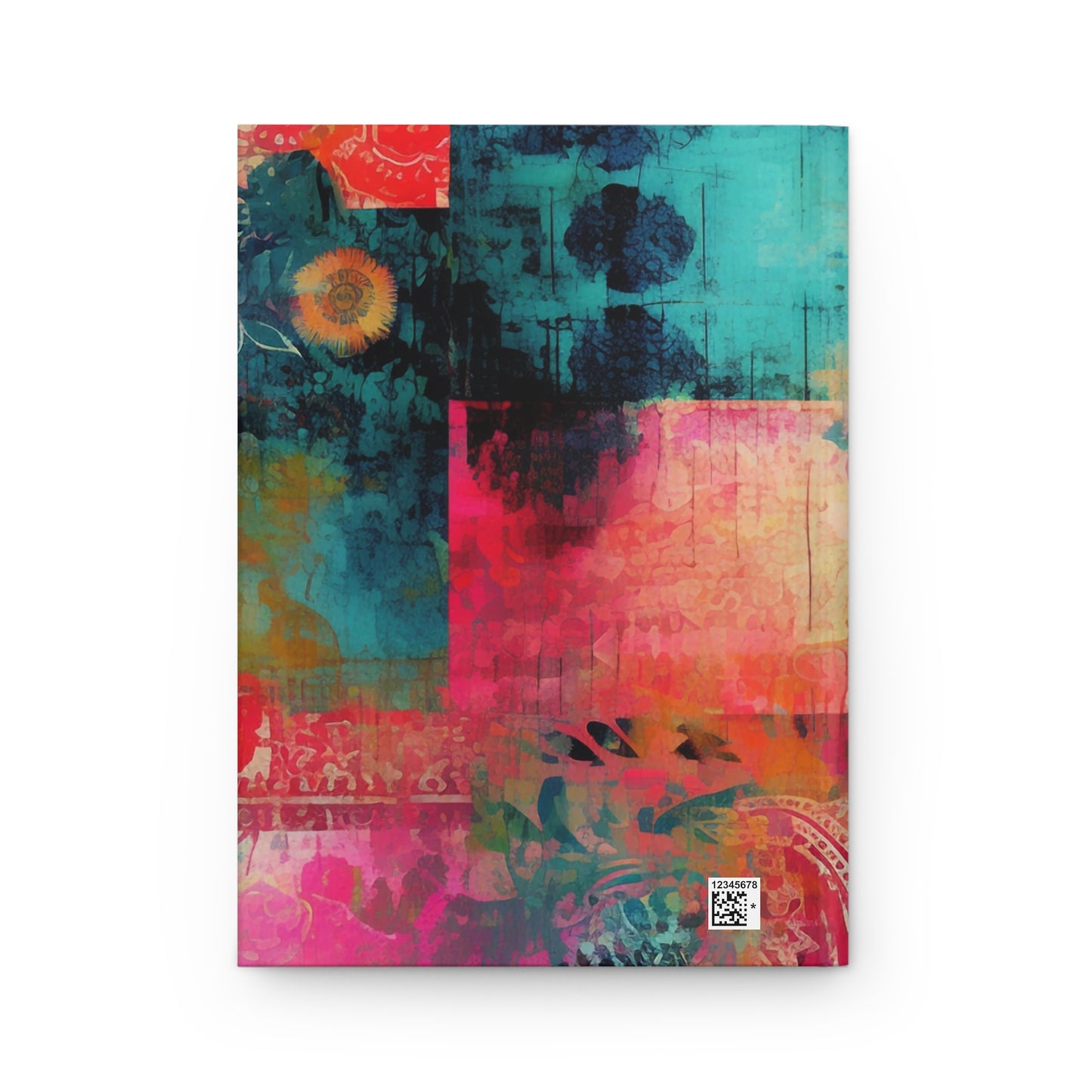 Back cover of colorful abstract design journal on a white background