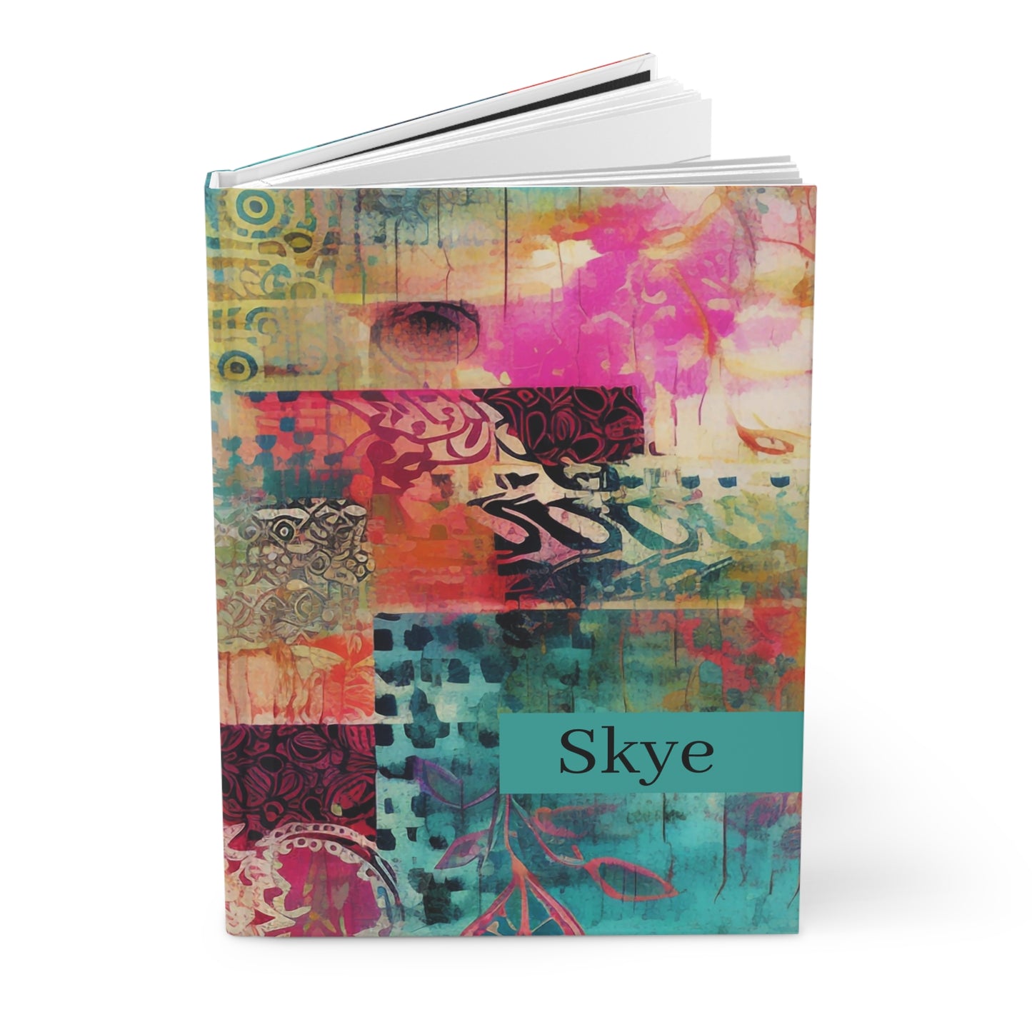 Open hardcover journal with abstract patterns and the name on a white background