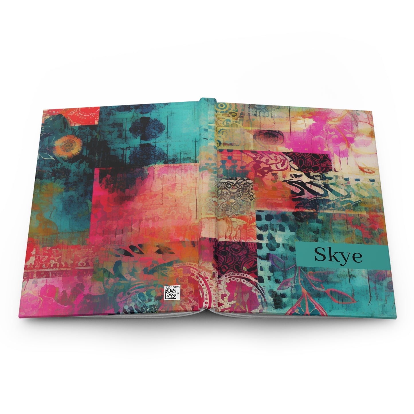 Colorful notebook with abstract patterns and 'Skye' branding on a white background