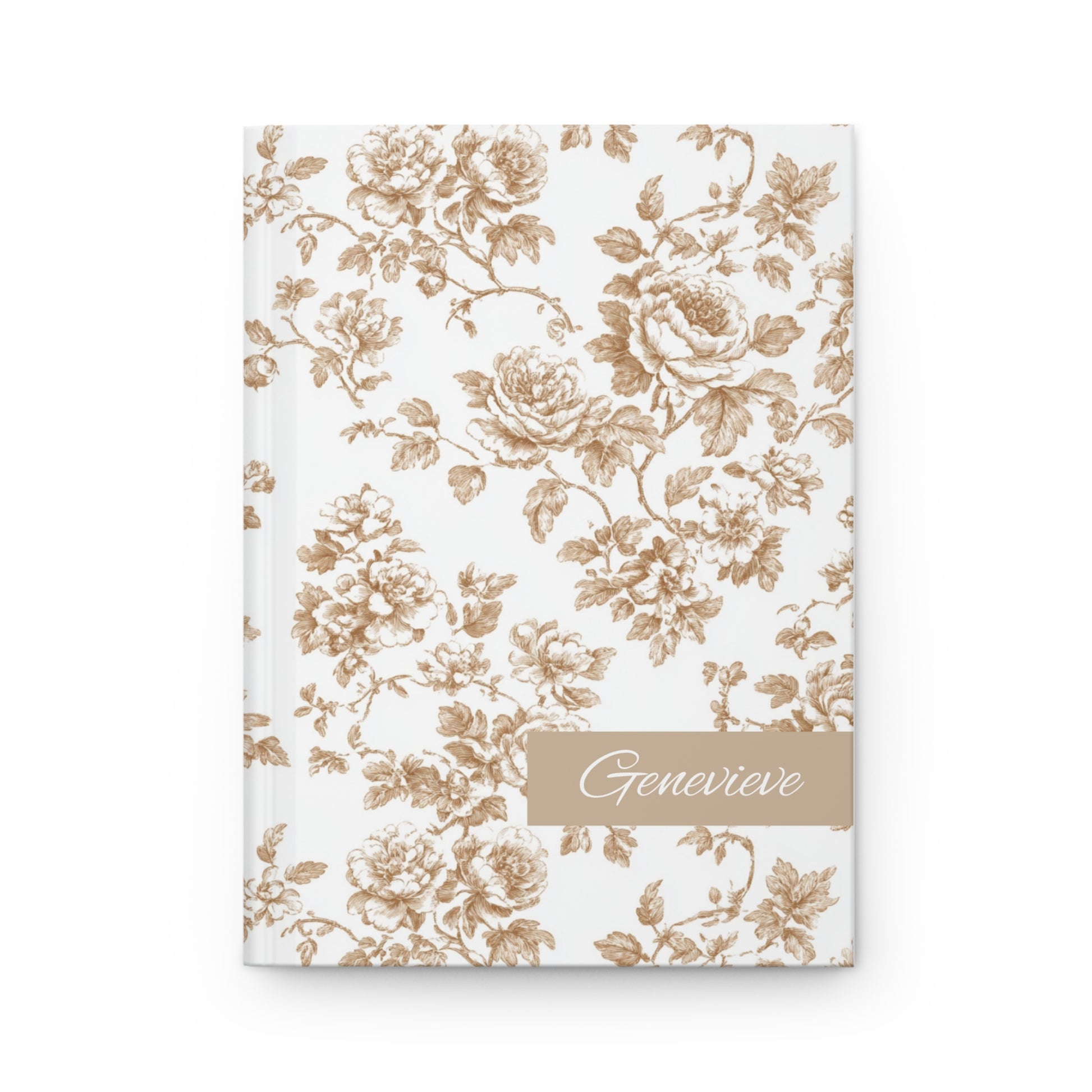 Champagne Floral toile patterned hardcover journal with 'Genevieve' on a white background