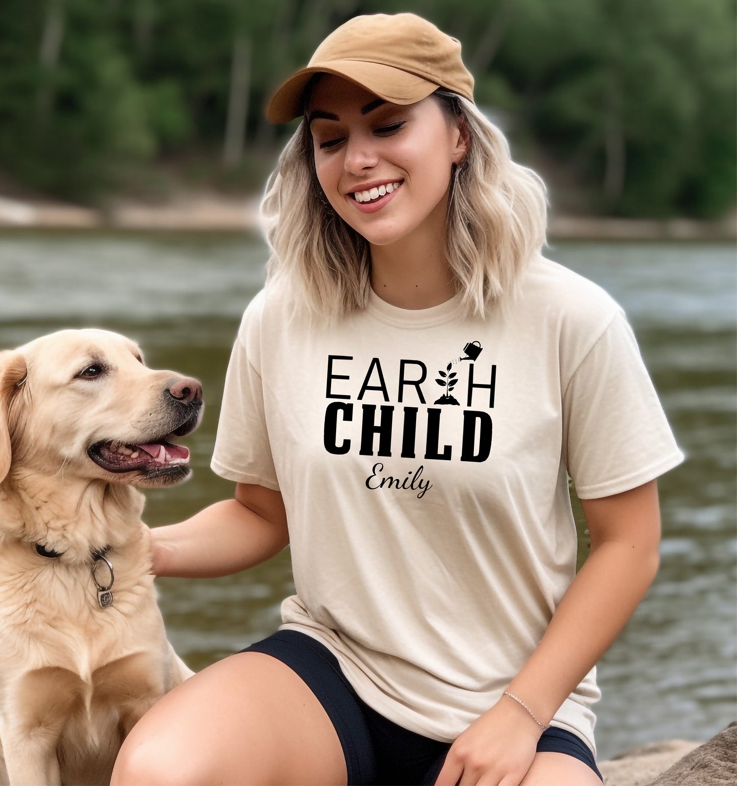 Personalized Earth Child T-shirt featuring a stylish nature-inspired design. The shirt displays the words 'EARTH CHILD' with a plant sprouting from the letter T being watered by a small watering can, symbolizing growth and love for nature. Customizable with a name below the text, this soft, casual unisex tee is perfect for eco-conscious individuals, gardeners, and free spirits who embrace a sustainable and earthy lifestyle.