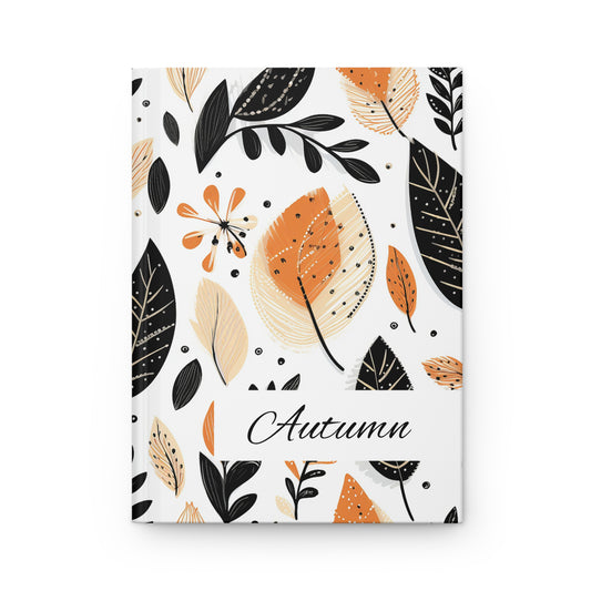 Personalized Fall Leaves Hardcover Journal with autumn-themed cover featuring leaves and the word 'Autumn' on a white background