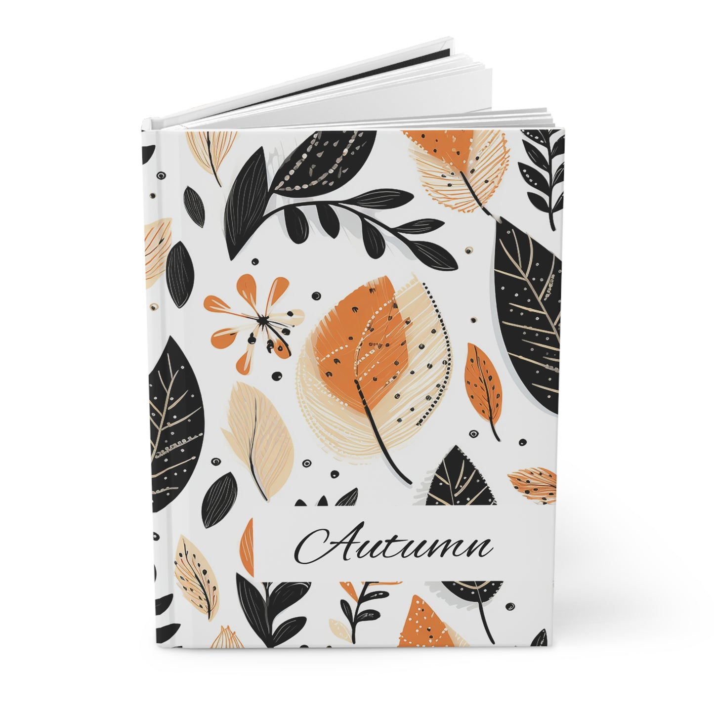 Open hardcover journal with autumn-themed design featuring leaves and the word 'Autumn' on a white background.